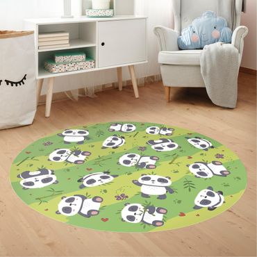 Runder Vinyl-Teppich - Süße Pandabären auf Grüner Wiese