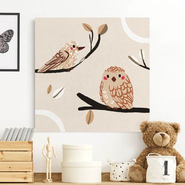 Leinwandbild Natur - Süße Tierillustration - Vogel und Eule - Quadrat 1:1