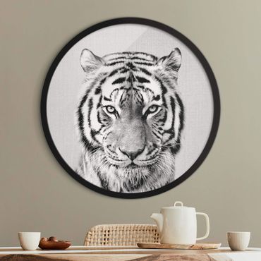 Rundes Gerahmtes Bild - Tiger Tiago Schwarz Weiß