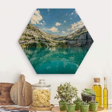 Hexagon Bild Holz - Traumhafter Bergsee