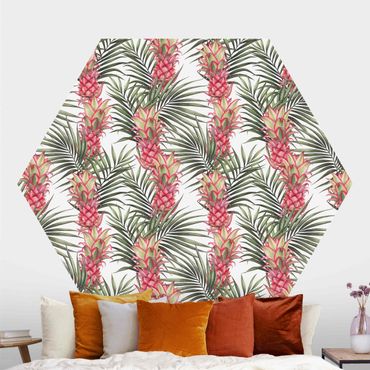 Hexagon Mustertapete selbstklebend - Tropische Ananas mit Palmenblättern
