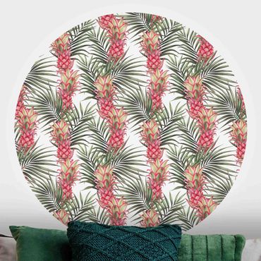 Runde Tapete selbstklebend - Tropische Ananas mit Palmenblättern