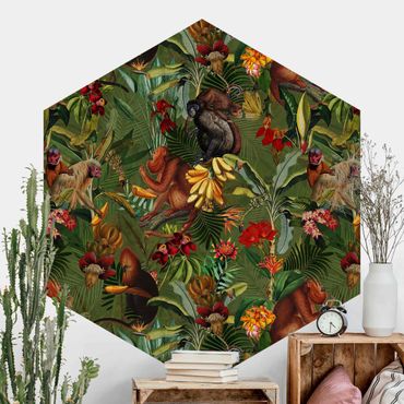 Hexagon Mustertapete selbstklebend - Tropische Blumen mit Affen