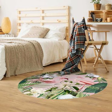 Runder Vinyl-Teppich - Tropische Flamingos mit Pflanzen in Rosa