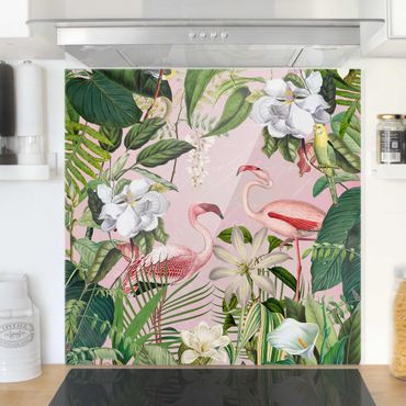 Spritzschutz Glas - Tropische Flamingos mit Pflanzen in Rosa - Quadrat 1:1