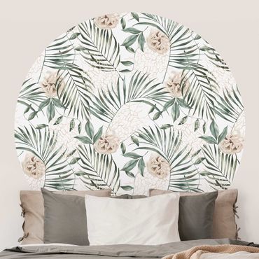 Runde Tapete selbstklebend - Tropische Palmenbögen mit Rosen Aquarell