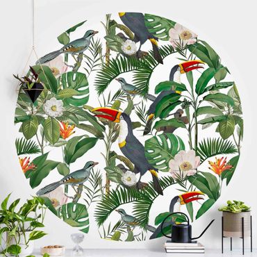 Runde Tapete selbstklebend - Tropischer Tukan mit Monstera und Palmenblättern