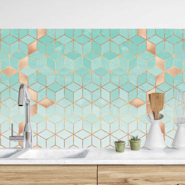 Küchenrückwand - Türkis Weiß goldene Geometrie II