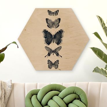 Hexagon Bild Holz - Tusche Schmetterlinge auf Beige