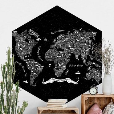 Hexagon Mustertapete selbstklebend - Typografie Weltkarte schwarz