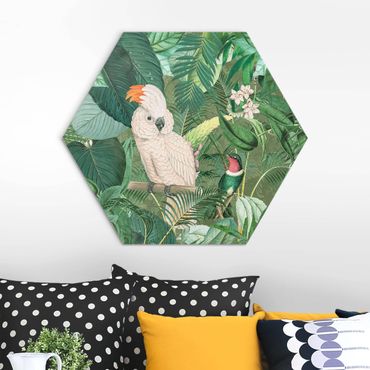 Hexagon-Alu-Dibond Bild - Vintage Collage - Kakadu und Kolibri