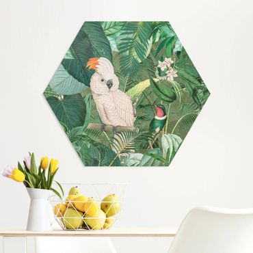 Hexagon-Forexbild - Vintage Collage - Kakadu und Kolibri