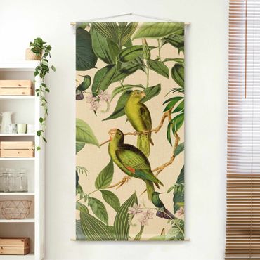 Wandteppich - Vintage Collage - Papageien im Dschungel - Hochformat 1:2