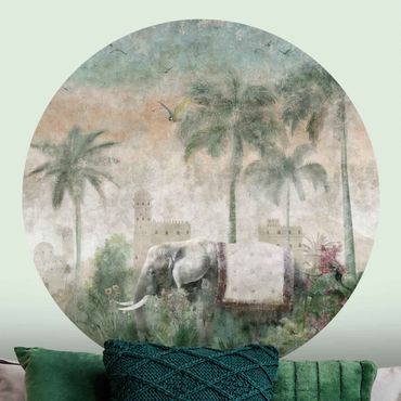 Runde Tapete selbstklebend - Vintage Dschungel Szene mit Elefant