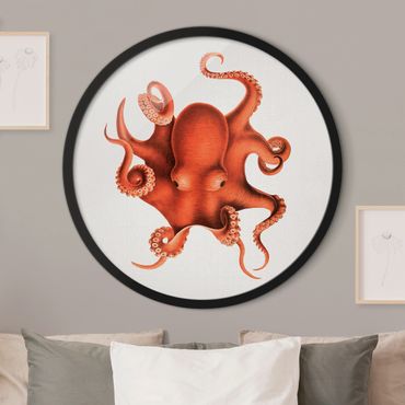 Rundes Gerahmtes Bild - Vintage Illustration Roter Oktopus
