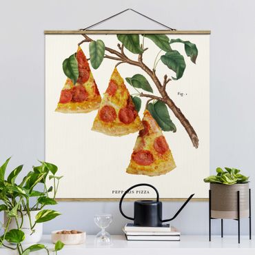Stoffbild mit Posterleisten - Vintage Pflanze - Pizza - Quadrat