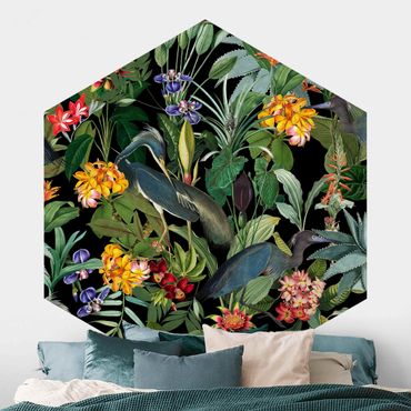 Hexagon Mustertapete selbstklebend - Vögel mit Tropischen Blumen