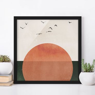 Bild mit Rahmen - Vogelschwarm vor aufgehender Sonne - Quadrat