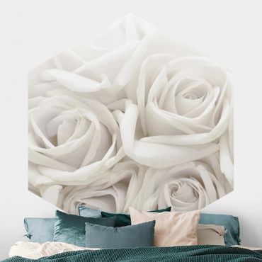 Hexagon Mustertapete selbstklebend - Weiße Rosen