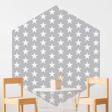 Hexagon Mustertapete selbstklebend - Weiße Sterne auf grauem Hintergrund