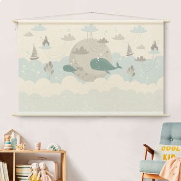 Wandteppich - Wolken mit Wal und Schloss - Hochformat 3:2