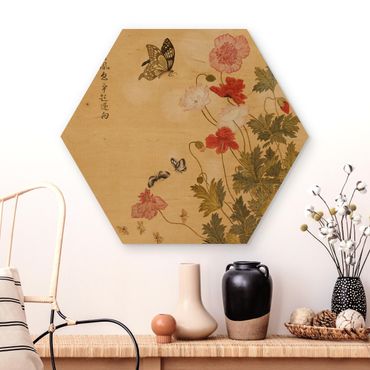 Hexagon-Holzbild - Yuanyu Ma - Mohnblumen und Schmetterlinge
