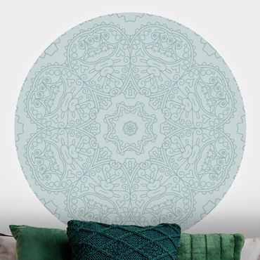 Runde Tapete selbstklebend - Zackige Mandalablume mit Stern in Türkis