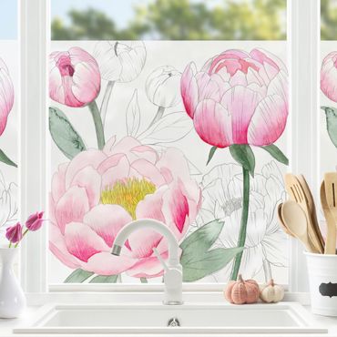 Fensterfolie - Sichtschutz - Zeichnung Rosa Päonien II - Fensterbilder