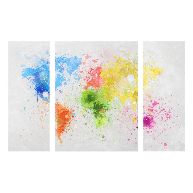 Glasbild mehrteilig - Bunte Farbspritzer Weltkarte 3-teilig