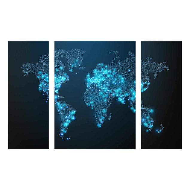 Glasbild mehrteilig - Connected World Weltkarte 3-teilig