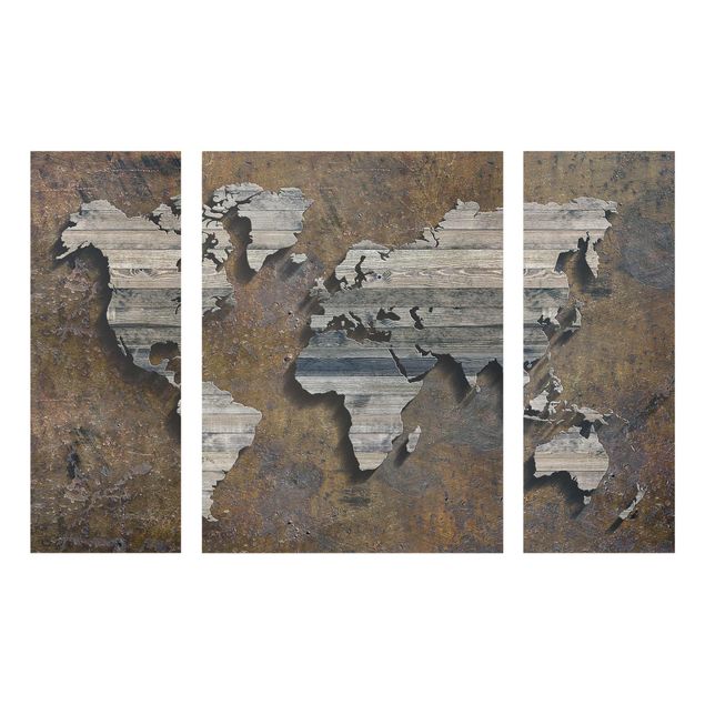 Glasbild mehrteilig - Holz Rost Weltkarte 3-teilig
