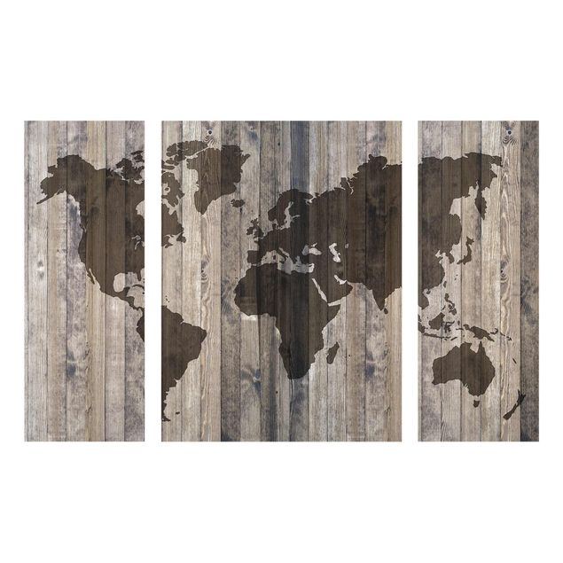 Glasbild mehrteilig - Holz Weltkarte 3-teilig