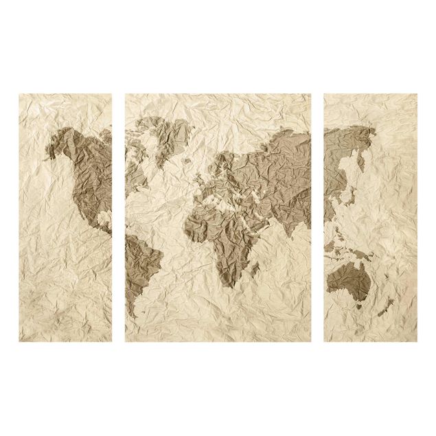 Glasbild mehrteilig - Papier Weltkarte Beige Braun 3-teilig