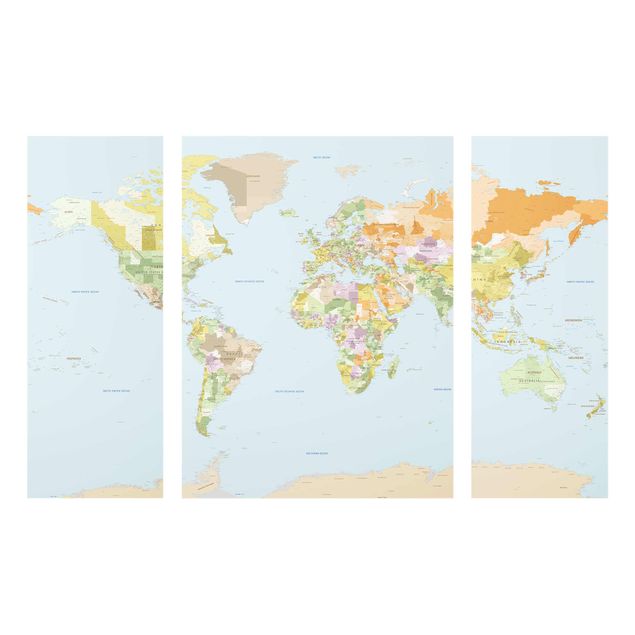 Glasbild mehrteilig - Politische Weltkarte 3-teilig