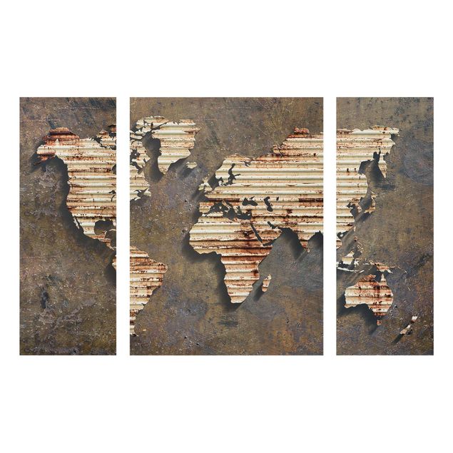 Glasbild mehrteilig - Rost Weltkarte 3-teilig