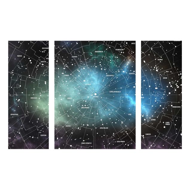 Glasbild mehrteilig - Sternbilder Karte Galaxienebel 3-teilig
