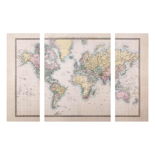 Glasbild mehrteilig - Vintage Weltkarte um 1850 3-teilig