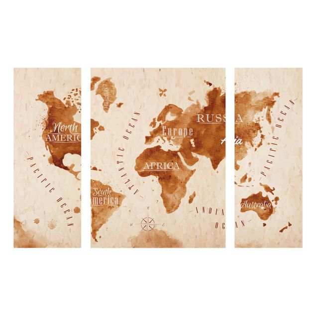 Glasbild mehrteilig - Weltkarte Aquarell beige braun 3-teilig