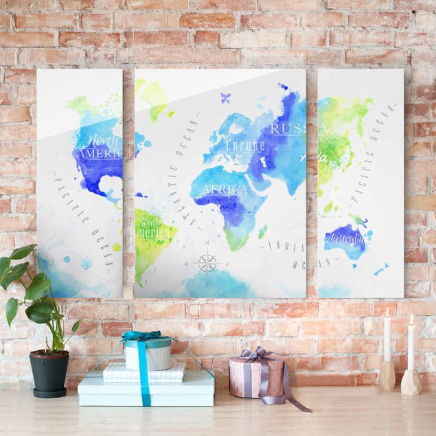 Bilder Weltkarte Aquarell blau grün