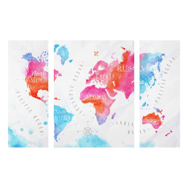 Glasbild mehrteilig - Weltkarte Aquarell rot blau 3-teilig