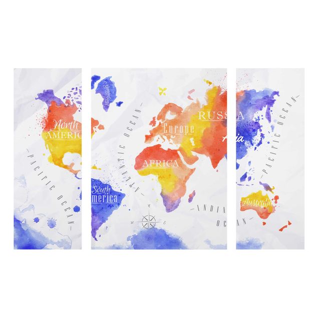 Glasbild mehrteilig - Weltkarte Aquarell violett rot gelb 3-teilig