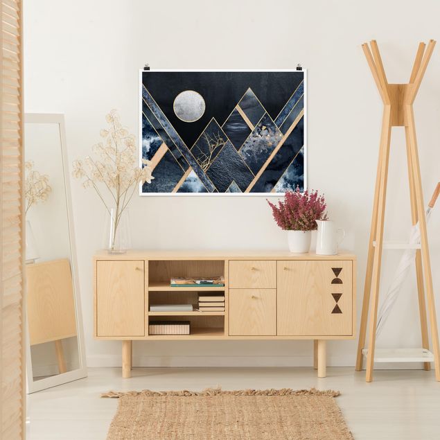 Moderne Poster Goldener Mond abstrakte schwarze Berge