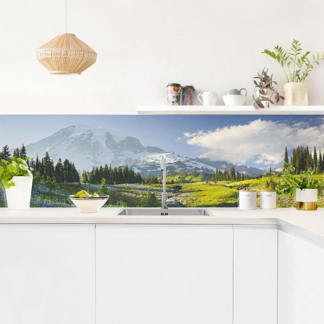 Küchenrückwand - Bergwiese mit Blumen vor Mt. Rainier
