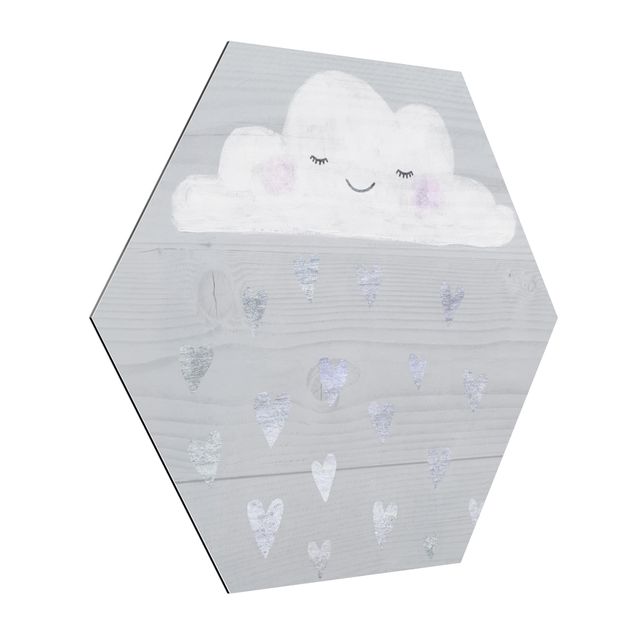Hexagon Bild Alu-Dibond - Wolke mit silbernen Herzen