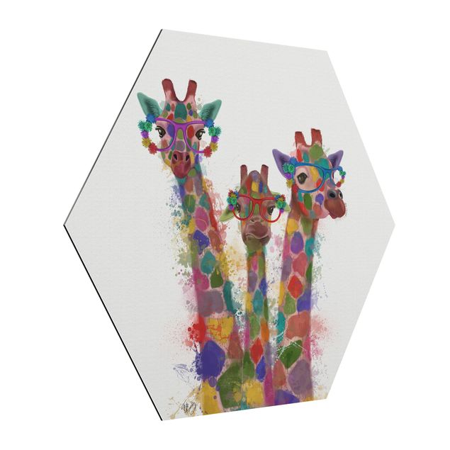 Hexagon Bild Alu-Dibond - Regenbogen Splash Giraffen-Trio