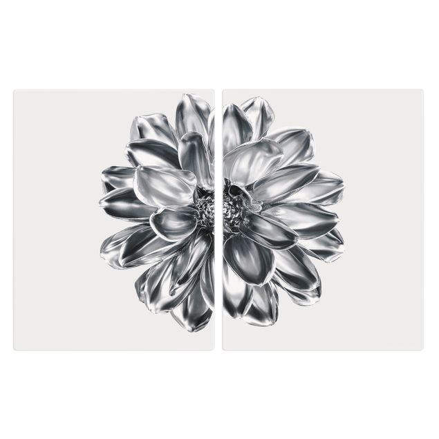 Herdabdeckplatte Glas - Dahlie Blume Silber Metallic - 52x80cm