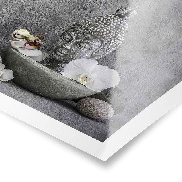Poster - Zen Buddha, Orchideen und Steine - Querformat 2:3
