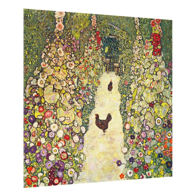 Glasrückwand Küche Blumen Gustav Klimt - Gartenweg mit Hühnern
