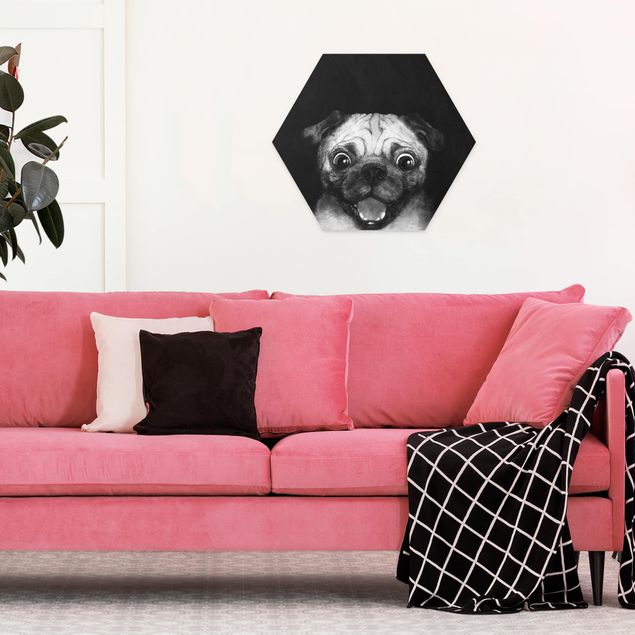 Hexagon Bild Forex - Illustration Hund Mops Malerei auf Schwarz Weiß