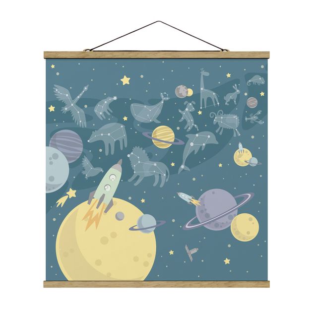 Stoffbild mit Posterleisten - Planeten mit Sternzeichen und Raketen - Quadrat 1:1